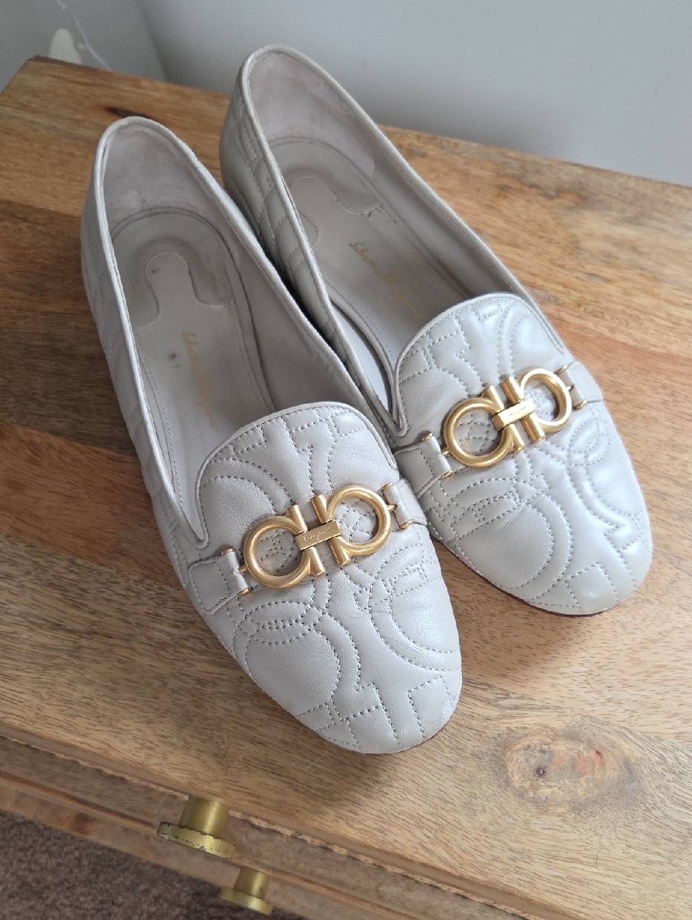 Salvatore Ferragamo Gancini Quilted Cream Leather Loafers with Gold Hardware